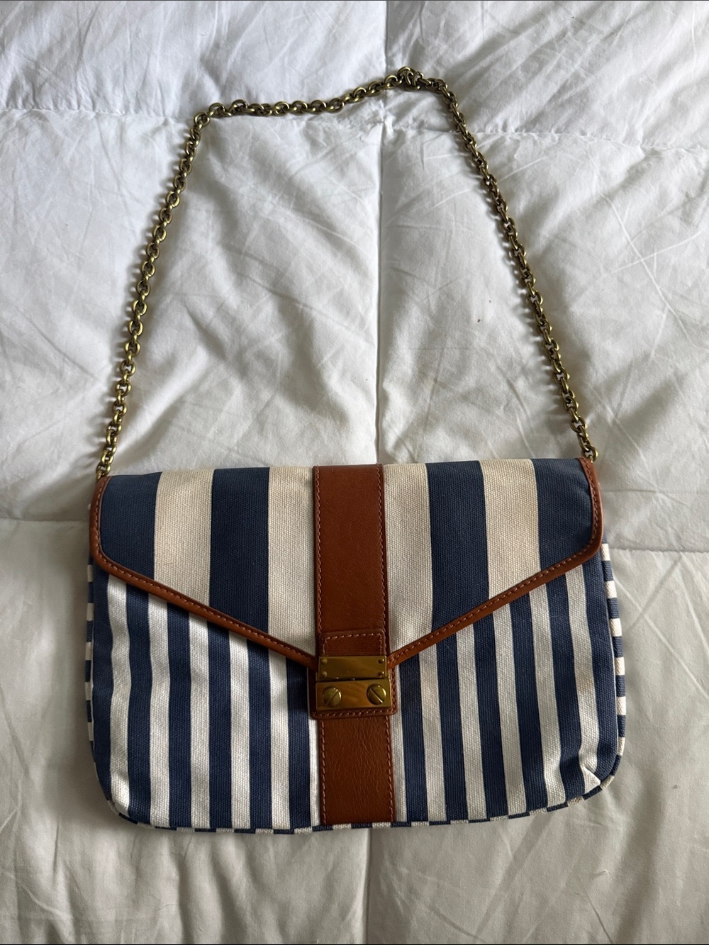 J. Crew Navy and White Striped Shoulder Bag with Brown Trim